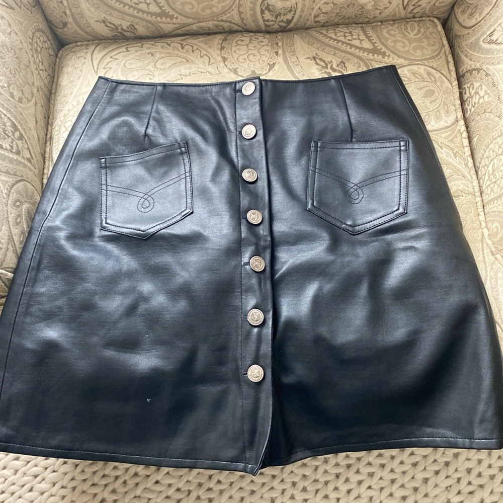 Vintage Black Faux Leather Mini Skirt buttoned